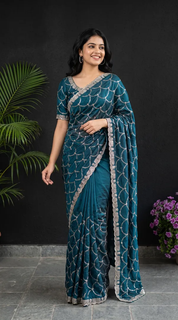 Teal_Blue_Fandy_Satin_Premium_Saree_For_Women