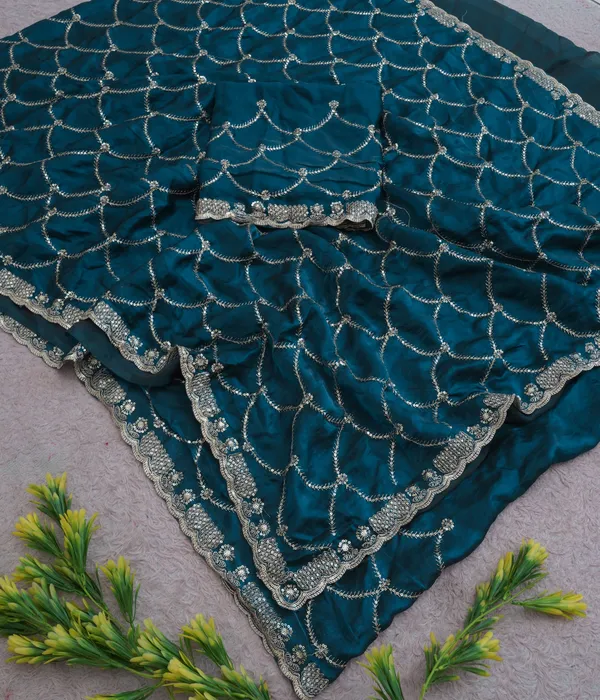 Teal_Blue_Fandy_Satin_Premium_Saree_For_Women