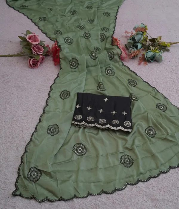 Olive_Green_Chinon_Premium_Saree_For_Women