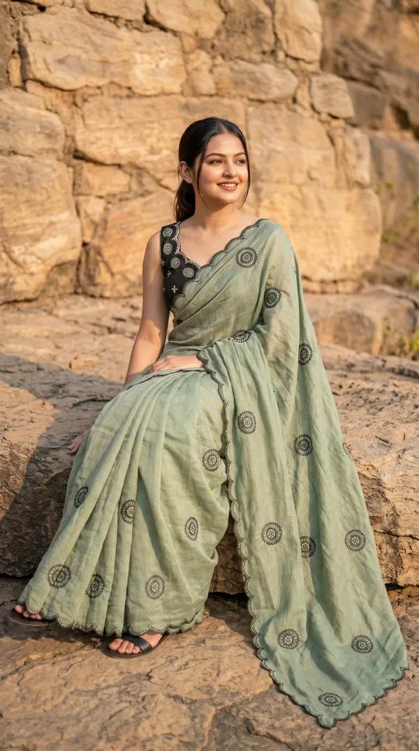 Olive_Green_Chinon_Premium_Saree_For_Women