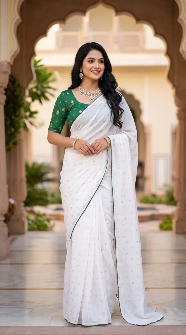White_Green_Vichitra_And_Mono_Banglori_Premium_Saree_For_Women