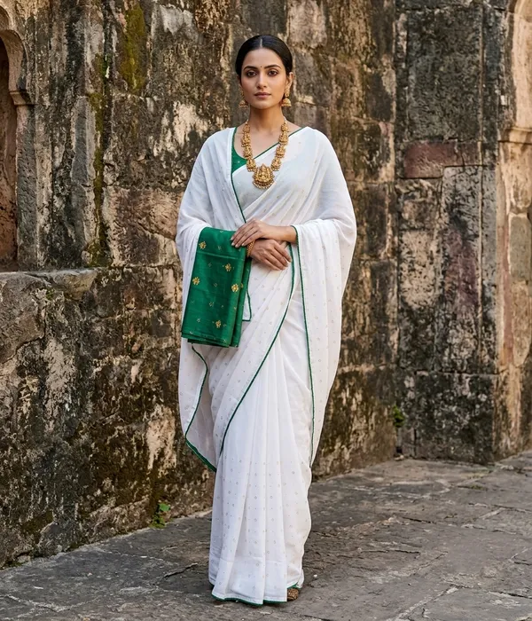 White_Green_Vichitra_And_Mono_Banglori_Premium_Saree_For_Women