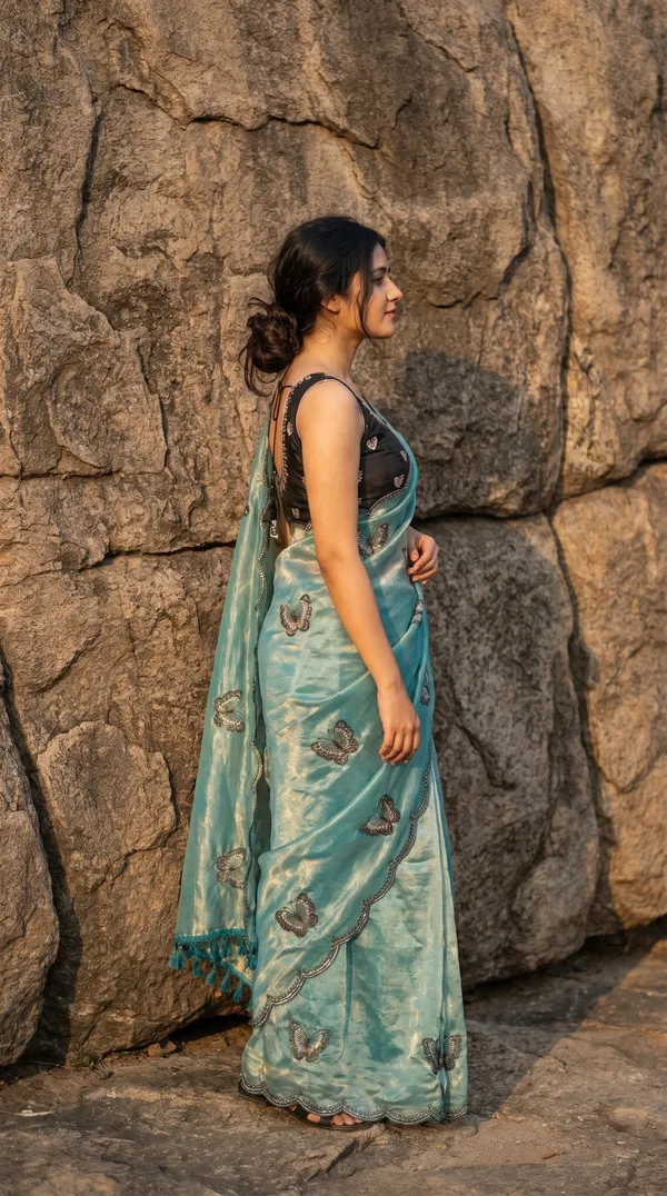 Aqua_Blue_Fandy_Satin_Premium_Saree_For_Women