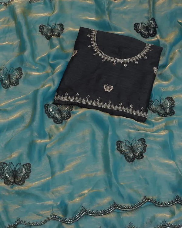 Aqua_Blue_Fandy_Satin_Premium_Saree_For_Women