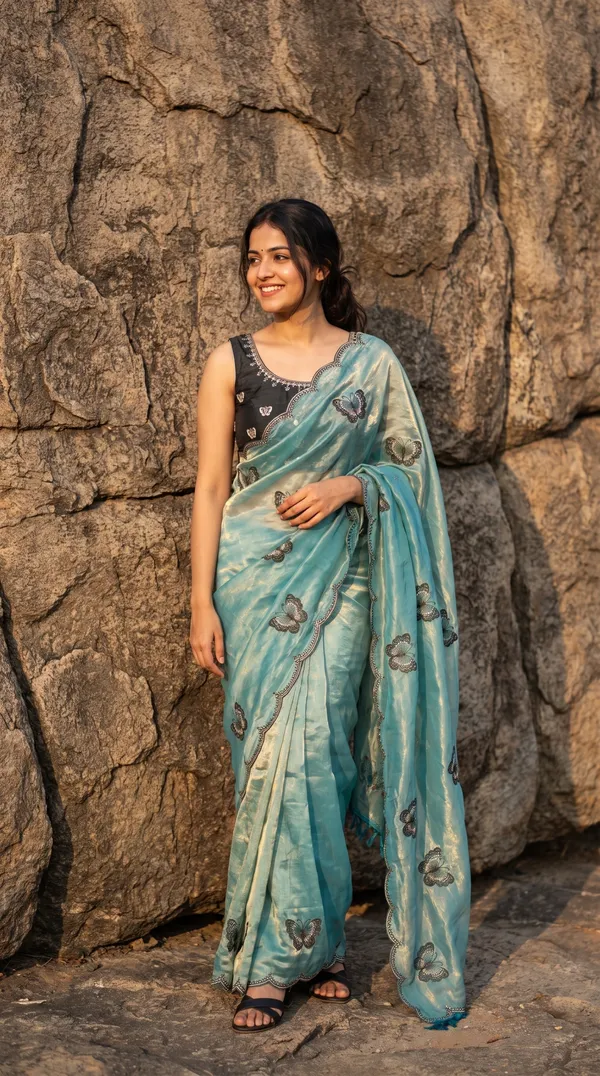 Aqua_Blue_Fandy_Satin_Premium_Saree_For_Women