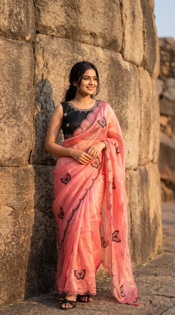 Coral_Pink_Fandy_Satin_Premium_Saree_For_Women