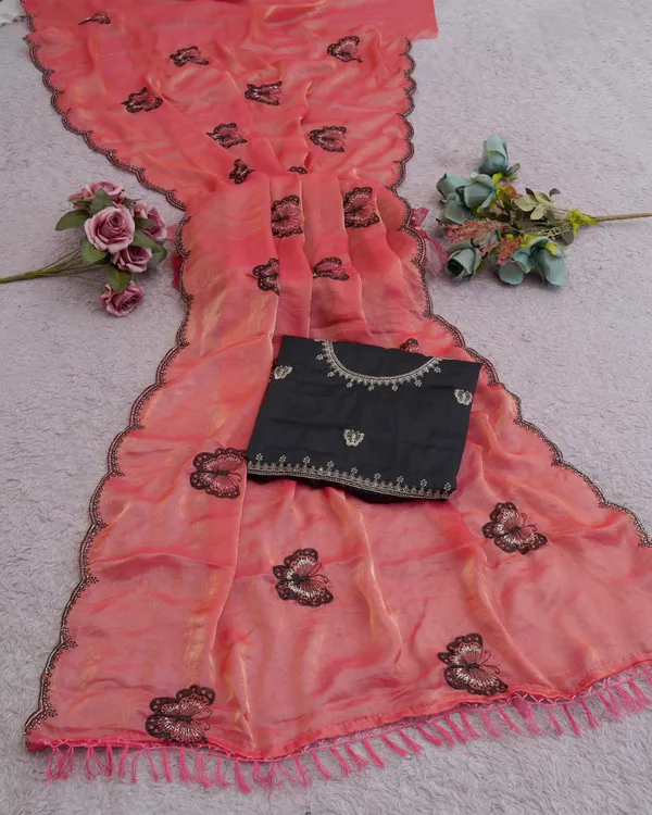 Coral_Pink_Fandy_Satin_Premium_Saree_For_Women