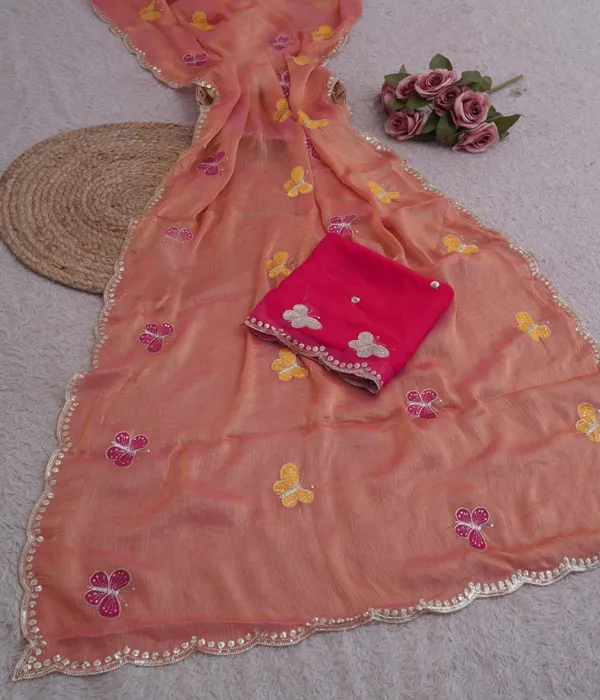 Peach_Fandy_Chiffon_Satin_Premium_Saree_For_Women