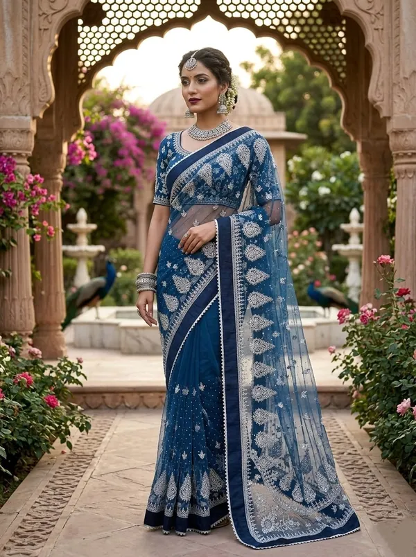 Blue_Heavy_Butterfly_Net_Premium_Saree_For_Women