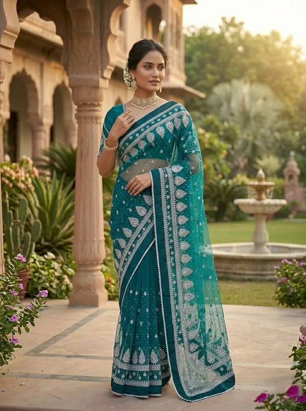 Green_Heavy_Butterfly_Net_Premium_Saree_For_Women