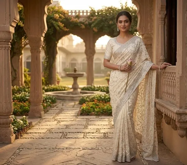 Cream_Gorgette_Premium_Saree_For_Women