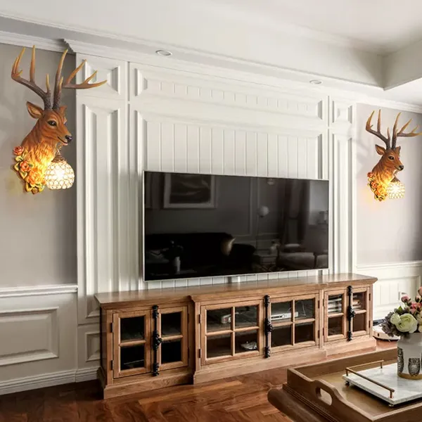 Gold_Resin_Deer_Head_Crystal_Ball_Wall_Lamp_With_Floral_Accents
