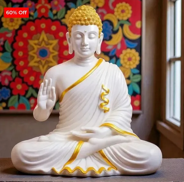 White_And_Gold_Polyresin_Meditating_Buddha_Idol