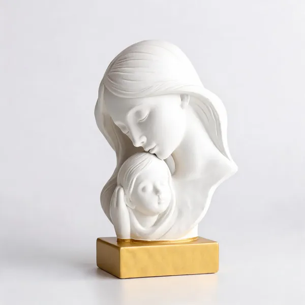 White_And_Gold_Polyresin__Mother_And_Child_Sculpture_On_Base