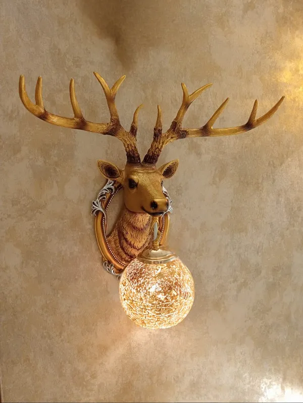 Gold_Resin_Deer_Head_Crystal_Ball_Wall_Lamp_With_Floral_Accents