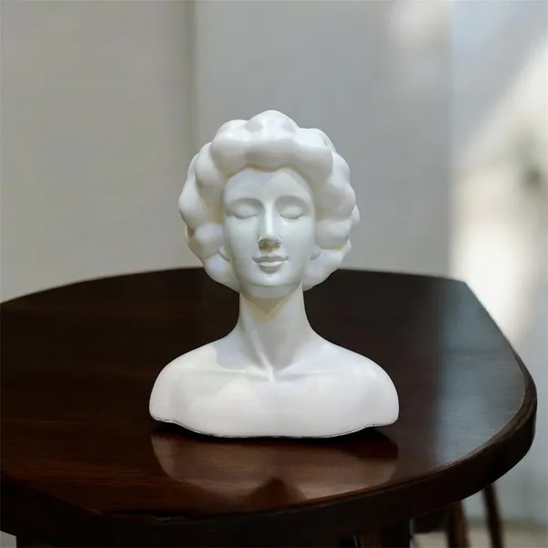 White_Polyresin_Retro_Female_Curly_Hair_Bust_Sculpture