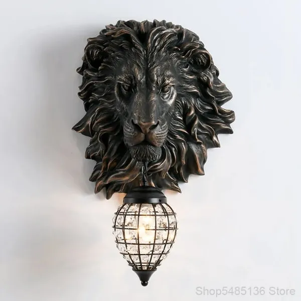 Gold_Resin_Lion_Head_Wall_Sconce_With_Crystal_Lamp_Shade