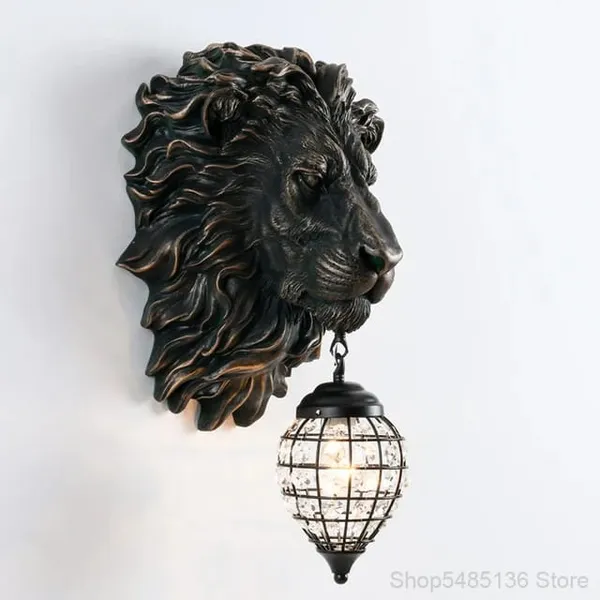 Gold_Resin_Lion_Head_Wall_Sconce_With_Crystal_Lamp_Shade