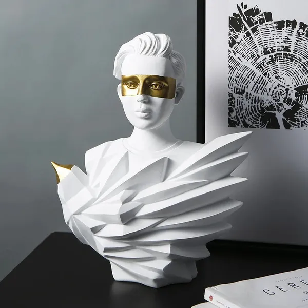 White_And_Gold_Polyresin_Abstract_Geometric_Bust_Sculpture