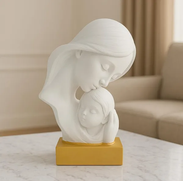 White_And_Gold_Polyresin__Mother_And_Child_Sculpture_On_Base