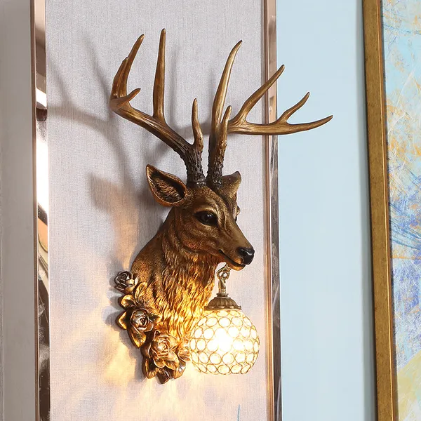 Gold_Resin_Deer_Head_Crystal_Ball_Wall_Lamp_With_Floral_Accents