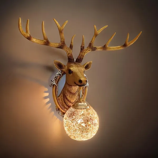 Gold_Resin_Deer_Head_Crystal_Ball_Wall_Lamp_With_Floral_Accents
