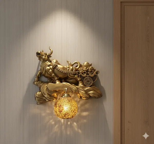 Gold_Resin_Ox_Figurine_Mosaic_Ball_Wall_Sconce_Light