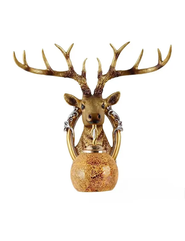 Gold_Resin_Deer_Head_Crystal_Ball_Wall_Lamp_With_Floral_Accents