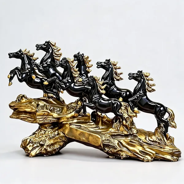 Black_And_Gold_Polyresin_Dynamic_Seven_Galloping_Horses_Showpiece