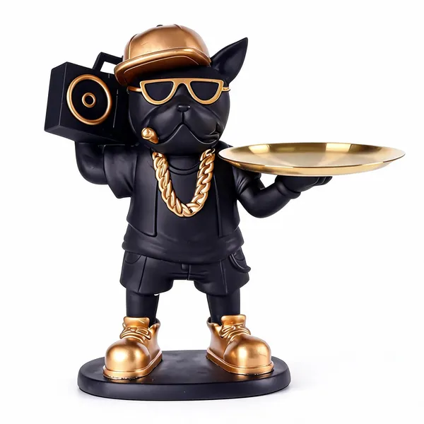 Black_And_Gold_Polyresin_Hip_Hop_Bulldog_Showpiece_With_Tray