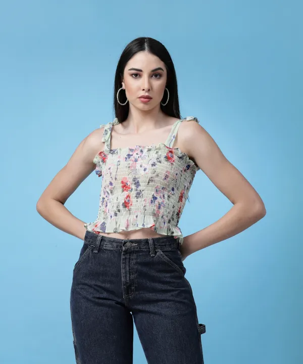 Mint_Green_Floral_Printed_Smocked_Crop_Fitted_Top
