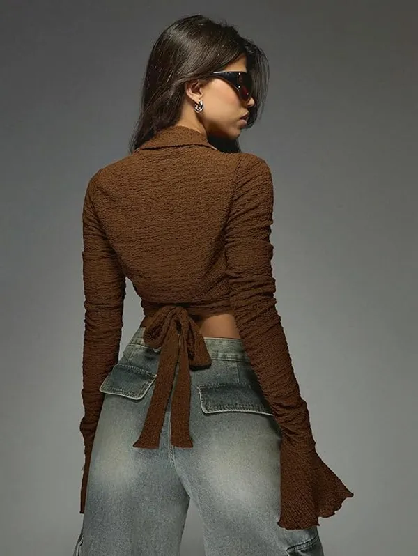 Brown_Women_Textured_Wrap_Crop_Top