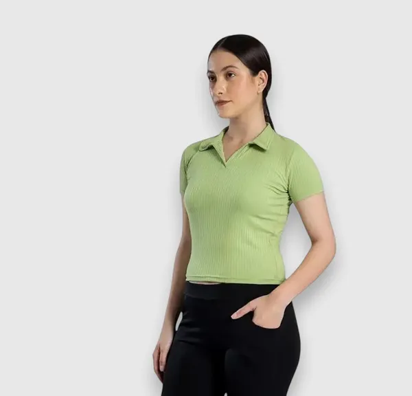 Green_Womens_Ribbed_Collared_V_Neck_Crop_Top
