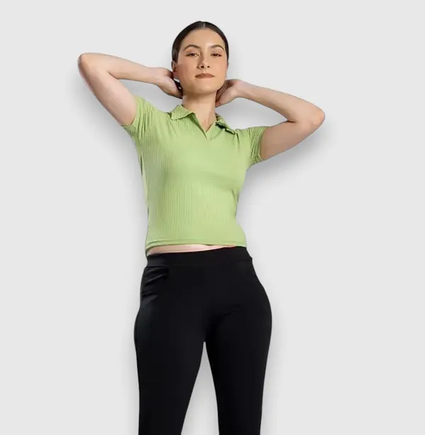 Green_Womens_Ribbed_Collared_V_Neck_Crop_Top