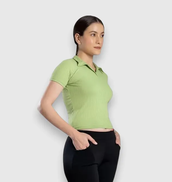 Green_Womens_Ribbed_Collared_V_Neck_Crop_Top