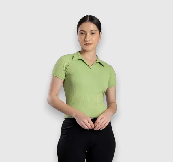Green_Womens_Ribbed_Collared_V_Neck_Crop_Top