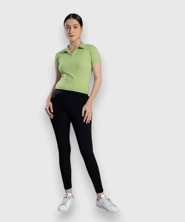 Green_Womens_Ribbed_Collared_V_Neck_Crop_Top