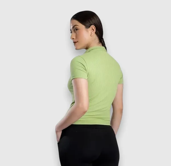 Green_Womens_Ribbed_Collared_V_Neck_Crop_Top