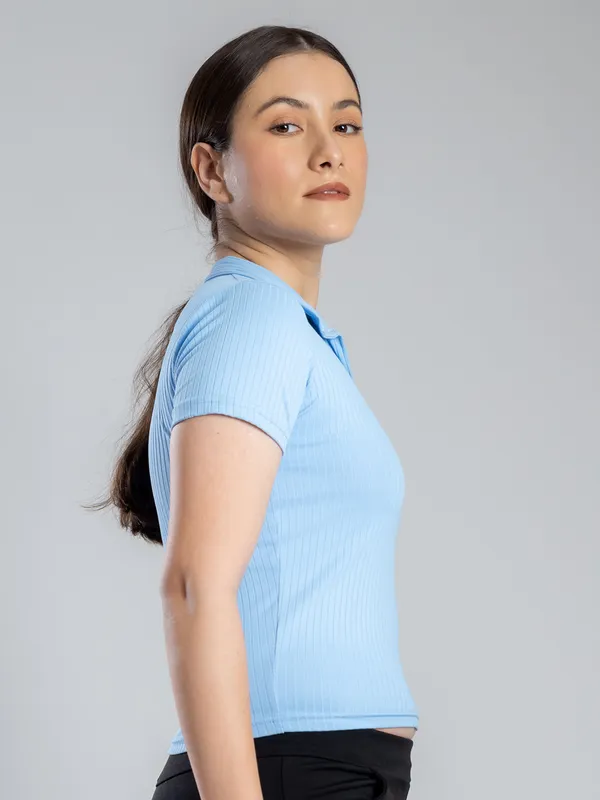 Blue_Womens_Ribbed_Collared_V_Neck_Crop_Top