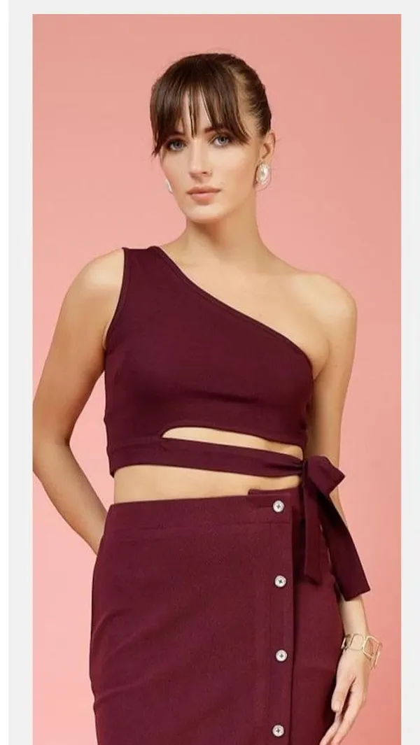 Dark_Brown_Womens_One_Shoulder_Crop_Top_With_Belt