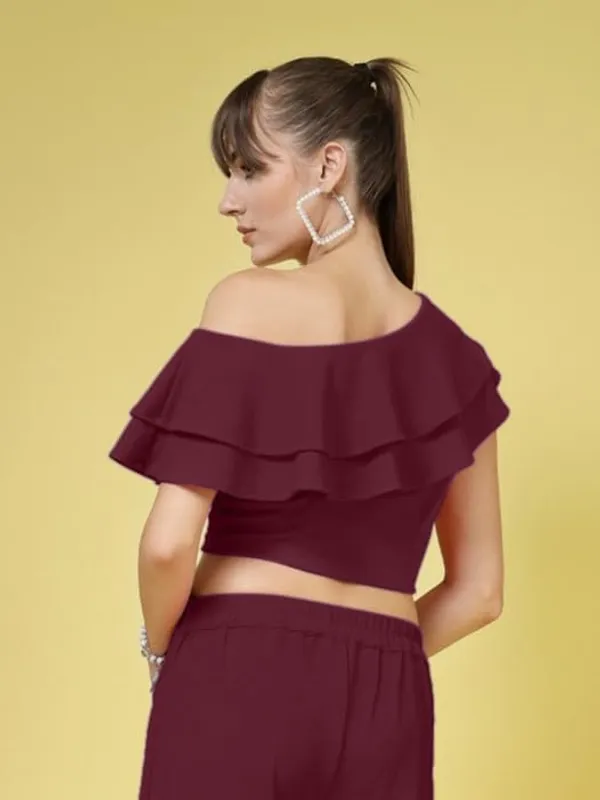 Aubergine_Purple_Womens_Off_Shoulder_Ruffle_Crop_Top_Lycra_Blend