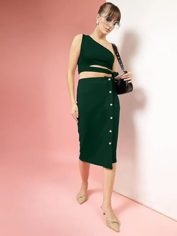Dark_Green_Womens_One_Shoulder_Crop_Top_With_Belt