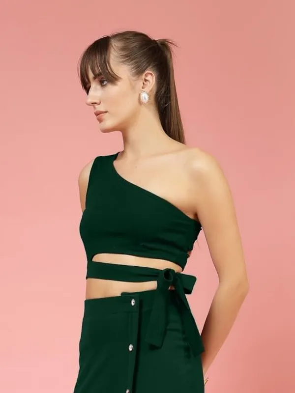 Dark_Green_Womens_One_Shoulder_Crop_Top_With_Belt