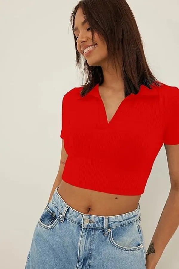Red_Womens_Ribbed_Collared_V_Neck_Crop_Top
