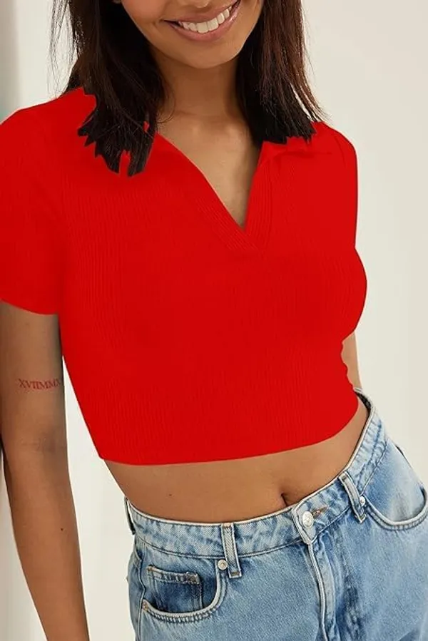 Red_Womens_Ribbed_Collared_V_Neck_Crop_Top