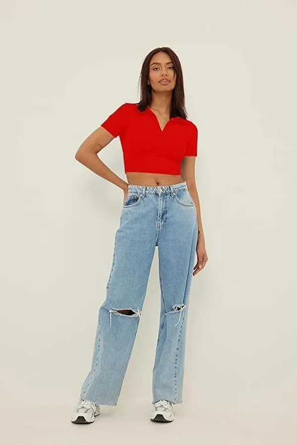 Red_Womens_Ribbed_Collared_V_Neck_Crop_Top