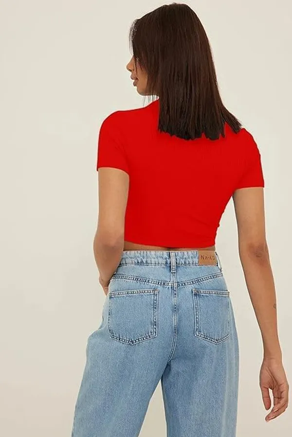 Red_Womens_Ribbed_Collared_V_Neck_Crop_Top