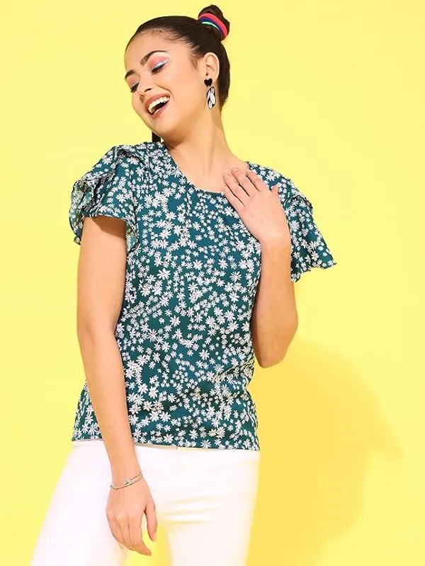 Dark_Green_Womens_Polyester_Floral_Print_Top