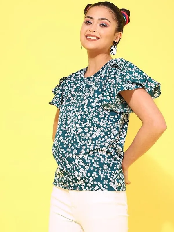 Dark_Green_Womens_Polyester_Floral_Print_Top