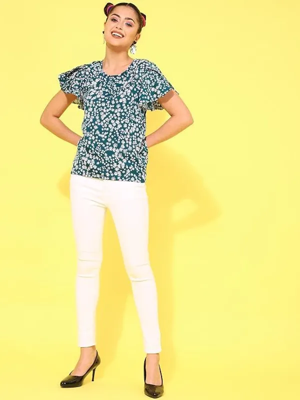 Dark_Green_Womens_Polyester_Floral_Print_Top